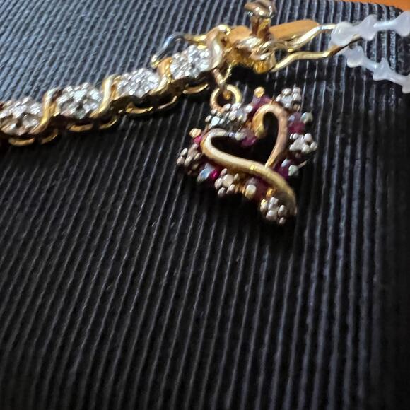 Tennis Bracelet Heart Diamond & Ruby Accent 18K Gold Over Sterling Silver NEW - Picture 7 of 11